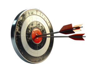 Close-up view of a metallic target with two arrows precisely hitting the bullseye on a black background