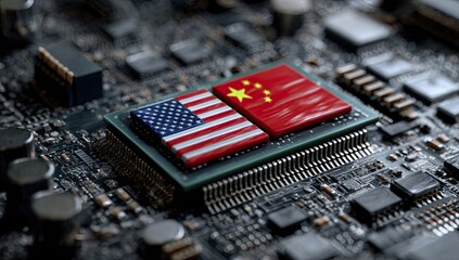 A circuit board with a chip featuring US & China flags, symbolizing technological competition