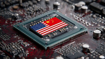 A computer chip with the flags of the US and China overlaid, suggesting tech competition