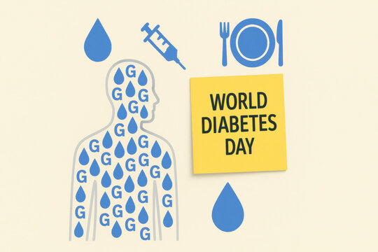 Hopeful World Diabetes Day awareness concept showing human silhouette with glucose icons, an insulin syringe, and healthy plate for blood sugar control and medical support