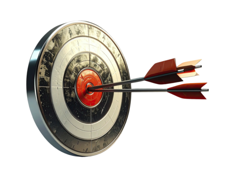 Close-up view of a metallic target with two arrows precisely hitting the bullseye on a black background