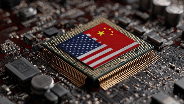 An image of a computer chip overlaid with a combined flag of the US and China