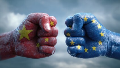 Image of two fists, one painted with China's flag, the other EU's flag, facing each other
