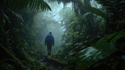 A hiker wearing a blue jacket with a backpack walks along a misty, dense tropical jungle path flanked by lush green leaves. Concept Hiker in blue jacket, Tropical jungle path, Misty forest scene