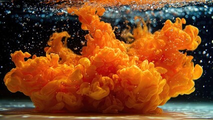 Orange ink dispersing in water, forming a vivid orange cloud with bubbles. Concept Ink in water, Orange dye dispersal, Vivid orange cloud, Bubbles, Fluid dynamics