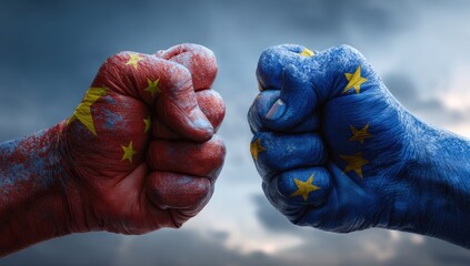 Two fists painted with flags, facing each other, symbolizing international tension against a cloudy sky