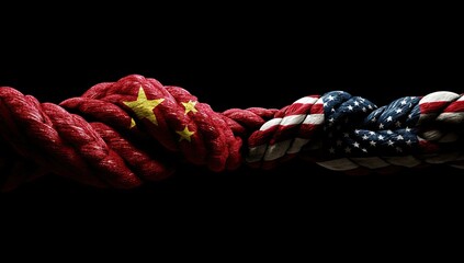 Close-up of two twisted ropes, one resembling China's flag, the other America's, on black