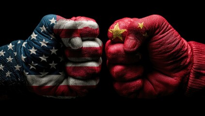 Two clenched fists symbolizing USA and China in conflict or alliance, set against a black background