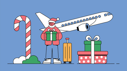 Illustration of a person with gifts and luggage near an airplane during the christmas holiday season