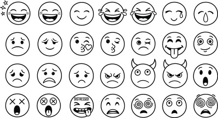 Collection of hand drawn emoji faces expressing different emotions and feelings