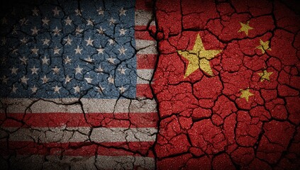 Cracked earth, symbolizing geopolitical tension. Flags represent two nations. Impact of conflict