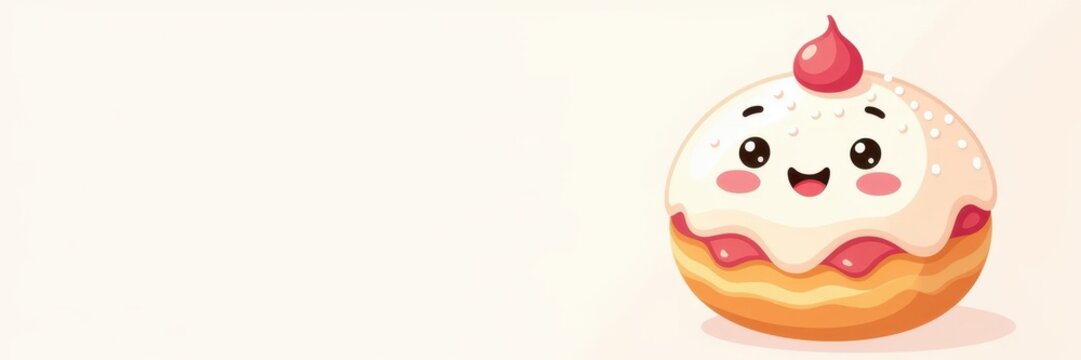 A cute kawaii donut character with a happy smiling face. Sweet pastry dessert cartoon illustration on a wide banner with copy space
