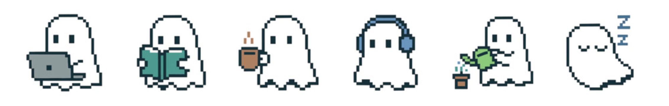 A charming collection of cute pixel art ghosts engaged in various daily activities like working, reading, listening to music, watering a plant, drinking coffee, and sleeping