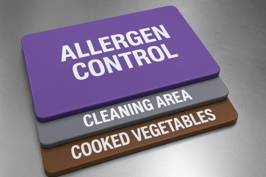 Purple allergen control cutting board stacked with others for kitchen food safety. serious HACCP hygiene system to prevent cross contamination and ensure proper food handling