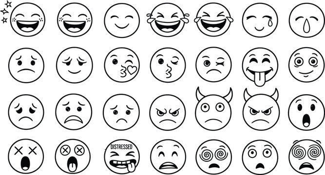 Collection of hand drawn emoji faces expressing different emotions and feelings