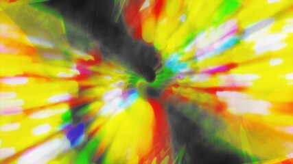 Abstract, blurred shapes blend hues of yellow, green, blue, red, and dark shades into a visual effect.