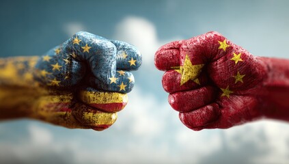 Two fists, one painted with stars on a blue background, the other red with a yellow star, ready to clash