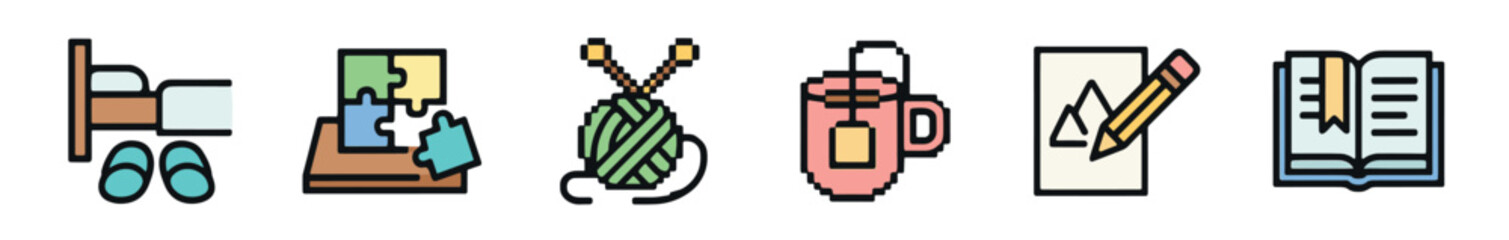 A charming set of colorful icons illustrating cozy indoor activities and hobbies, featuring a bed, puzzle, knitting, mug, drawing, and book in a mixed line art and pixel art style