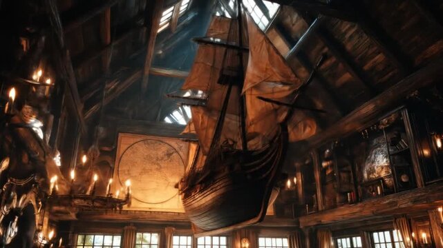 A large wooden room has a ship hanging in the air. A lit chandelier and map on wall