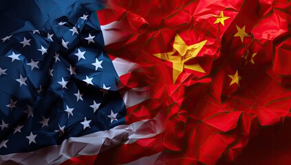 A split-screen visual juxtaposes crumpled fabric resembling the USA and China flags