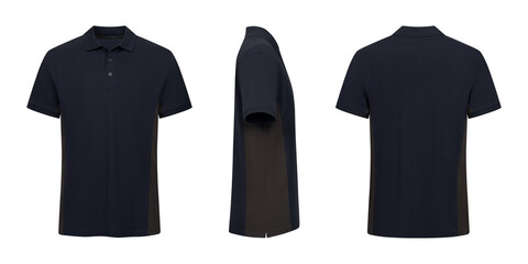 Three views of a dark blue cotton polo shirt on white background