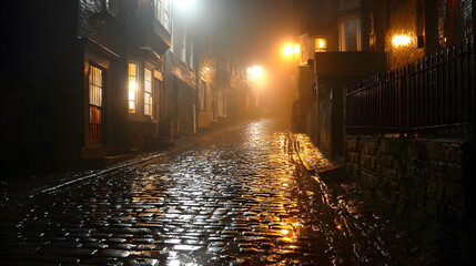 Misty night alley with wet cobblestones and light