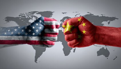 Two fists, representing countries, collide in front of a world map. Political conflict depicted