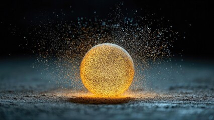 A glowing golden sphere made of tiny dust particles dispersing outward in a halo. Concept Golden Dust Sphere, Radiant Halo, Shimmering Orbs, Particle Dispersion, Ethereal Glow