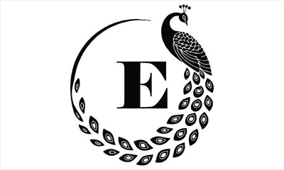 Letter E logo with a stylized peacock silhouette on bird