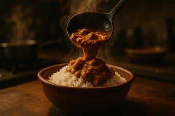 Hot steaming curry meal poured over rice in bowl. comforting concept for comfort food. cinematic lighting in rustic kitchen creates warm atmosphere