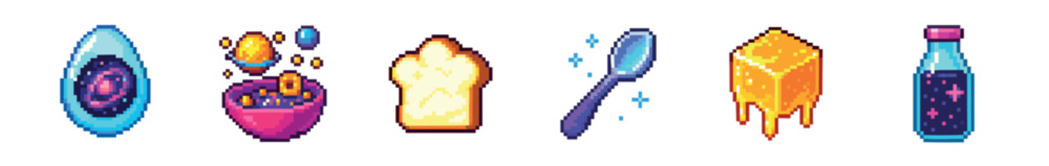 A vibrant collection of pixel art game assets featuring magical food and fantasy items like a cosmic egg, potion, bread, sparkling spoon, dripping honey, and a bottled elixir