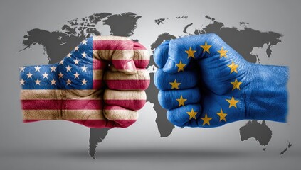 Two fists, painted with US and EU flags, face each other before a world map