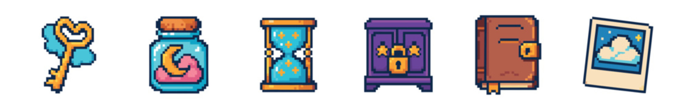 A collection of colorful pixel art fantasy items including a golden key, a potion bottle, an hourglass, a treasure chest, an old book, and a polaroid photo, presented in a charming retro game style