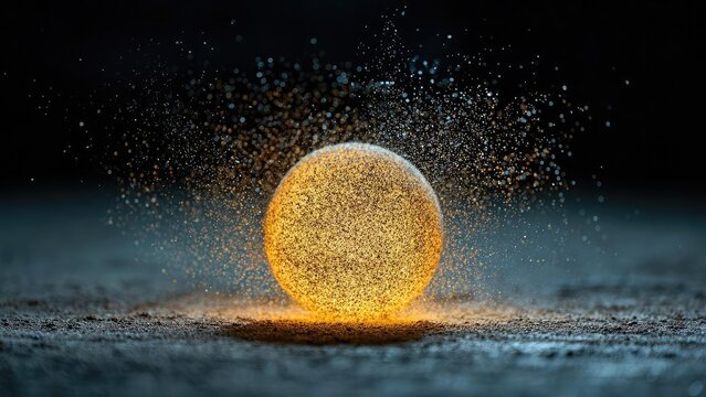A glowing golden sphere made of tiny dust particles dispersing outward in a halo. Concept Golden Dust Sphere, Radiant Halo, Shimmering Orbs, Particle Dispersion, Ethereal Glow