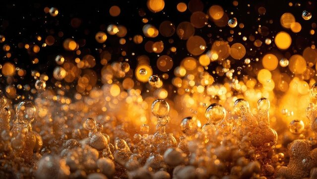 Macro shot of golden bubbles and droplets in amber liquid with warm orange bokeh lights. Concept Macro photography, Golden bubbles, Amber liquid, Warm orange bokeh, Water droplets close-up