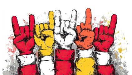 Colorful illustration showing five hands making the "rock on" hand gesture, with paint splatter