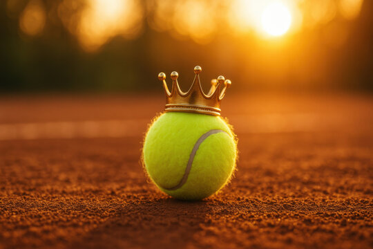 Tennis ball with crown on clay court. metaphor for champion, victory, and success. concept of royalty and leadership shown in powerful, golden light