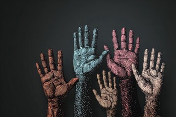 Stylized illustration of five hands in varied colors raising upward against a dark backdrop