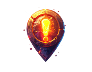 Fiery location marker, shaped like a teardrop, with an illuminated exclamation point