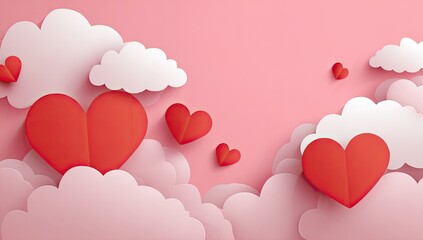 A romantic composition features paper clouds and hearts against a pink background, ideal for celebrations