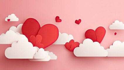 Paper cutout hearts and clouds float against a pink background; romantic, whimsical design