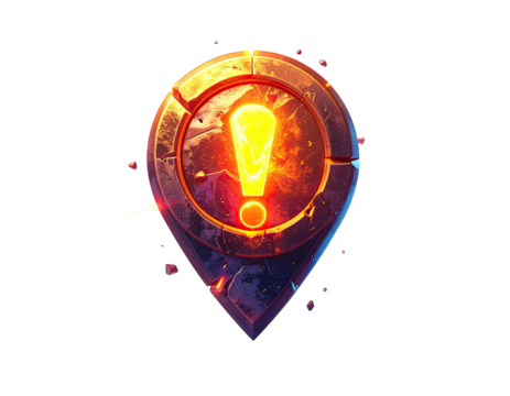 Fiery location marker, shaped like a teardrop, with an illuminated exclamation point