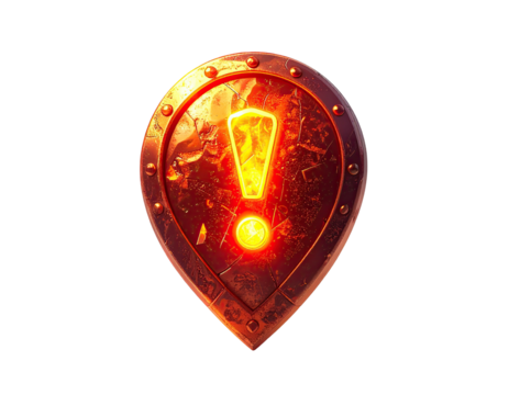 A metallic, stylized location marker glowing with fiery energy, featuring an exclamation mark