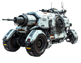 Fototapeta premium Futuristic armored vehicle, white and orange accents, detailed mechanical design