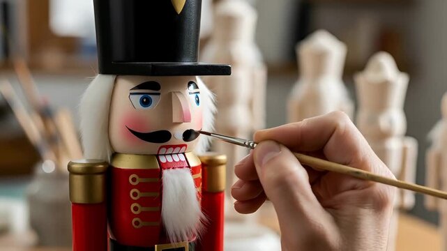 Man painting a wooden nutcracker. Handcrafting a traditional Christmas toy. Christmas decoration and holiday craft concept.