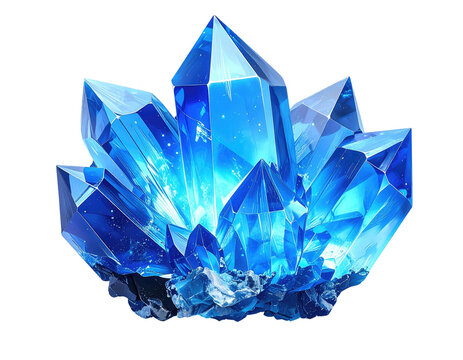 Digitally rendered cluster of multi-faceted, glowing, translucent, blue crystals