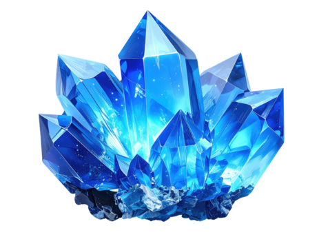 Digitally rendered cluster of multi-faceted, glowing, translucent, blue crystals
