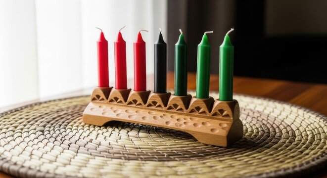 Kwanzaa celebration with a traditional wooden Kinara candle holder. Seven unlit candles in red, black, and green for the African-American holiday. Cultural heritage symbol on a woven mat