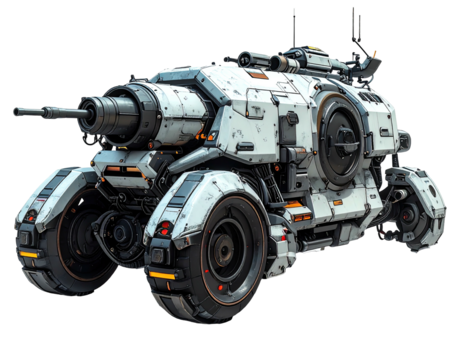 Futuristic armored vehicle, white and orange accents, detailed mechanical design