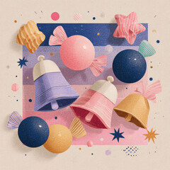 Candy bell star pastel festive colorful decoration celebration sweet holiday ornament pink blue yellow purple round striped shiny abstract background confetti party joyful vibrant wrapped festive